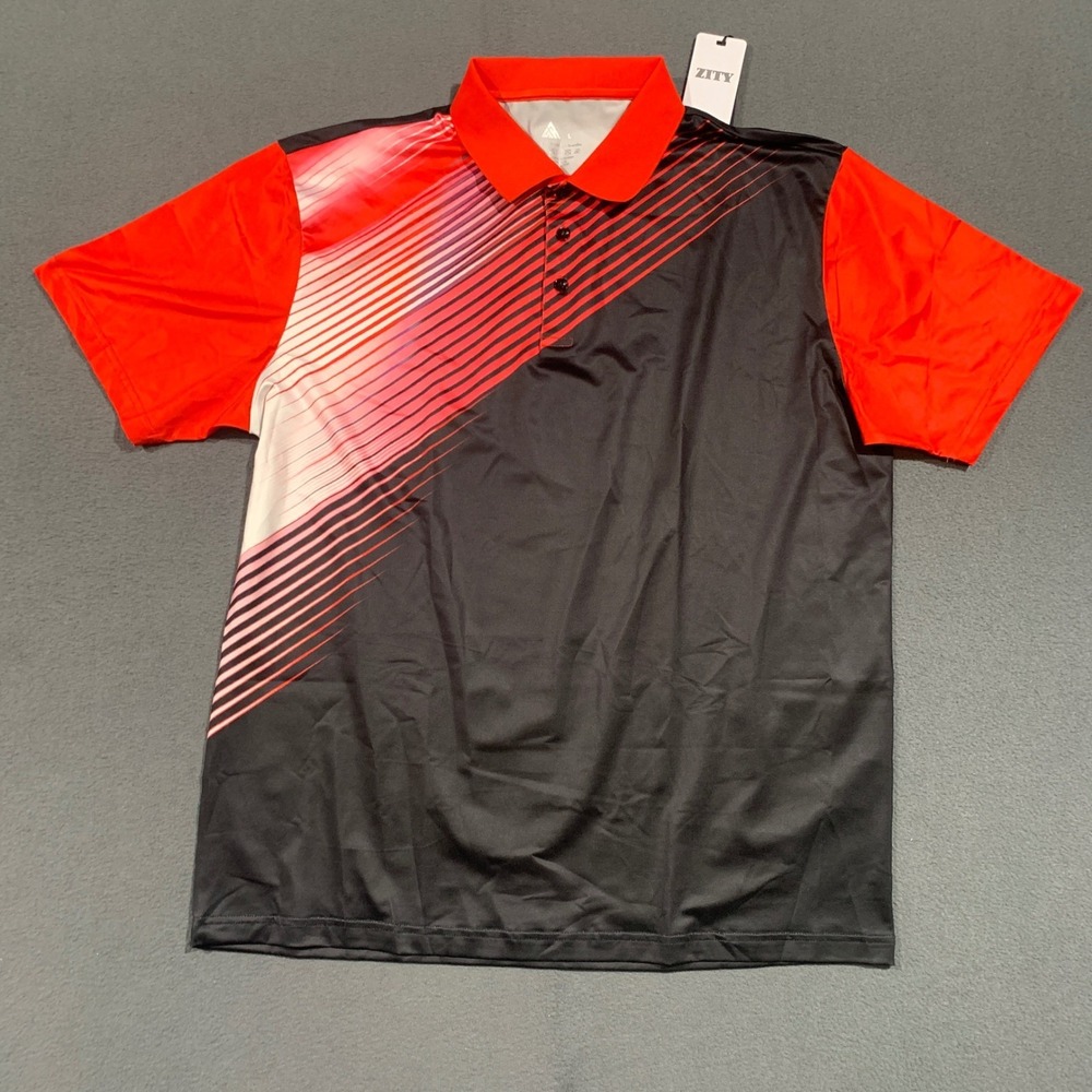 ZITY Mens Golf Shirt Black Red White Stripe Polo‎ Size Large NEW